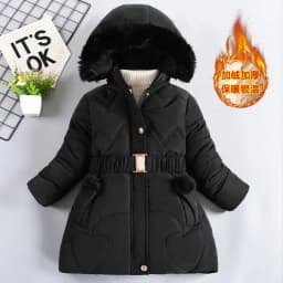 2024 New Winter Keep Warm Girls Jacket Waist Belt Design Detachable Hat Lining Plush Hooded Heavy Coat For Kids