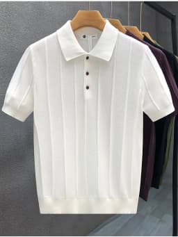 High-End Luxury Vertical Stripe Texture Short-Sleeved Polo Shirt Knitted Top for Men - Summer New Style Solid-Colored Collar Woo