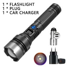 900000LM Powerful LED Flashlight Zoom Torch with Digital Display Portable Type-c Rechargeable Flashlights for Camping Hiking