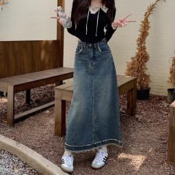 High Waist A-Line Midi Denim Skirt for Women Vintage Frayed Hem Pear Shape Body Type Spring Tall Size Half Body Long Skirt