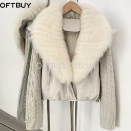 OFTBUY 90 White Duck Down Jacket Cable Knit Sleeve Zipper Drawstring Hem Cropped Coat Women Winter Real Layered Fox Fur Collar