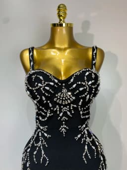 Women Sexy V Neck Black Beading Maxi Long Bodycon Bandage Dress 2025 Celebrity Elegant Evening Club Party Luxury Birthday Dress