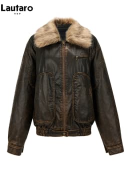 Lautaro Spring Autumn Cool Handsome Vintage Distressed Brown Pu Leather Jacket Women Faux Fur Collar Luxury Designer Clothing