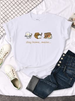 Kawaii Three Mini Cat Animal Stay Home Meow Print Women Tshirts Oversize Tops o-Neck Tee Shirt Casual Style Female Tee Shirts