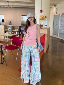 Y2K Pastel Plaid Wide Leg Cargo Pants | Drawstring Waist Baggy Trousers with Hem Toggle 90s Retro Streetwear Sweet Preppy Style