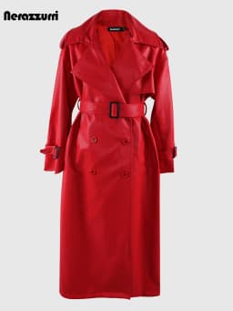 Nerazzurri Spring Autumn Long Oversized Black Pu Leather Trench Coat for Women Belt Double Breasted Loose Casual Korean Fashion