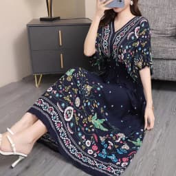 n Long Print Dr V-Ne Slimming Cotton Silk Beachwear Casual High Waist Summer Women's Loose Fit Overhead Dr