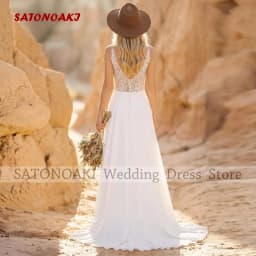 Boho Lace Wedding Dress V-Neck Open Back Chiffon A-Line Bridal Gown High Slit Beach Country Wedding Dress Sweep Train Vestidos