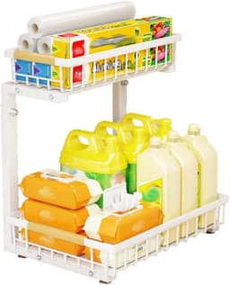 Garvee 2 Tier White/Black Under Sink Organizer Pull Out Sliding Drawer Fixed Metal Storage Rack for Kitchen Bathroom, Cleaning & Spice Organizer
