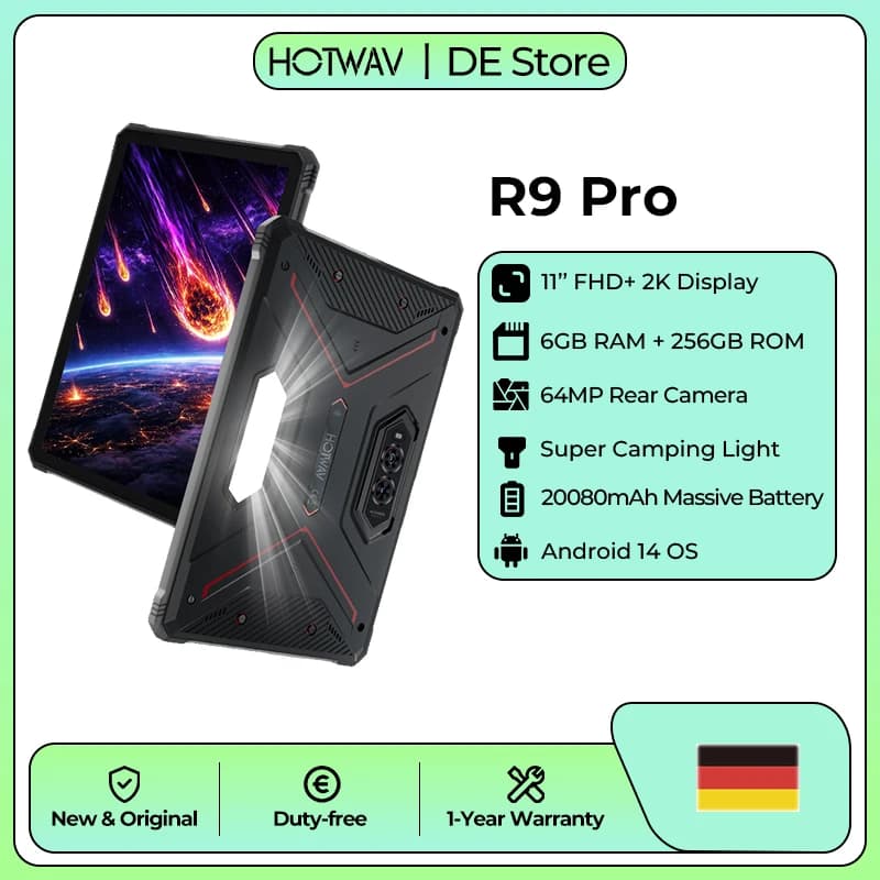 HOTWAV R9 Pro IP68 & IP69K Tablet 11'' FHD+ 2K Display 20080mAh Massive Battery 20W Fast Charging Super Campinglight Pad Android 14 6GB 256GB 64MP + 16MP Camera Global 4G Octa-core Tablet PC