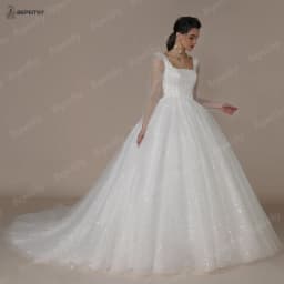 BEPEITHY Customized Shinny Square Bride Wedding Dresses For Women Long Sleeves Glitter Open Back Bridal Modern Ball Gown 2023