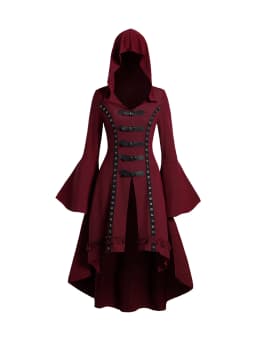 2024 Women's Fall Winter Grommet Gothic Hooded Top High Low Hem Buckle Flare Sleeve Frilled Tops Long Sleeve Hoodie Top