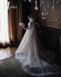 Vintage Customized Sparkly Beads Tulle Long Formal Wedding Dresses A Line Square Neck Dubai Long Sleeves 2025 Detachable Sleeves