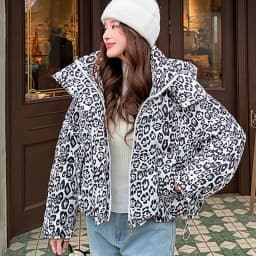 American Leopard Print Hooded Puffer Jacket Women Winter Loose Fit Warm Cotton Jackets Women Fashion Zip Up Thick Padded Parkas