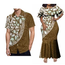 Support Custom Women'S Crew-Neck Dress Midi Party Fishtail Long Dress Polynesian Samoan Couple Suit Matching Men'S Aloha Shirt