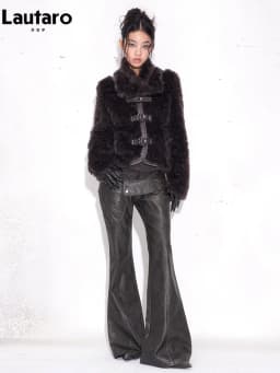 Lautaro Spring Autumn Distressed Pu Leather Flare Pants Women High Waist Grunge Punk Style Luxury Emo Clothes Streetwear 2026