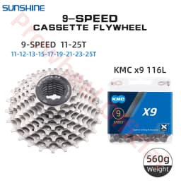 Shimano K7 9Speed Freewheel and Chain Groupset H200 Sunshine 23/25/28/30/32/36/40/42/46/50T Cassette HG53/KMC X9 Chain 9V Kit