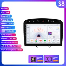 Hizpo 9inch 2Din Wireless CarPlay Android Auto Car Radio for 308 308S 408 2012 - 2020 Headunit DSP RDS BT 4G GPS Navi 360° CAM