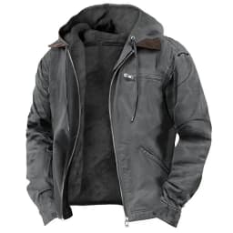 Men's Solid-Color Hooded Cotton Jacket Casual Trendy Fleece Zipper Pocket Winter Coat for Outdoor Wear