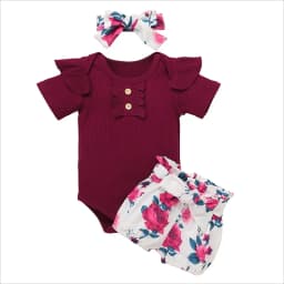 Summer Newborn Baby Girl Clothes Set Solid Color Short Sleeve Ruffle Romper Tops Flower Short Pants Headband 3Pcs Infant Outfits