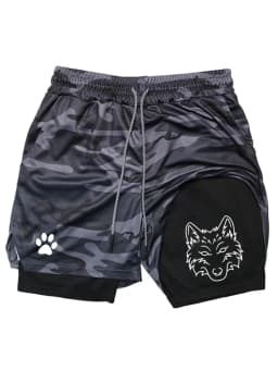 Men's Cool Wolf Graphic 2-in-1 Shorts, Quick Dry Double Layer Athletic Gym Training Workout Streetwear Shorts WX071