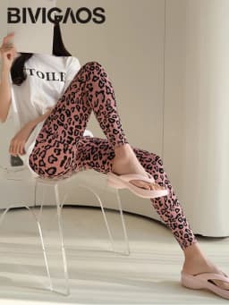 BIVIGAOS Spring Summer New Pink Leopard Print Sharkskin Leggings Women High Waist Seamless Tight Sexy Sport Fitness Legging