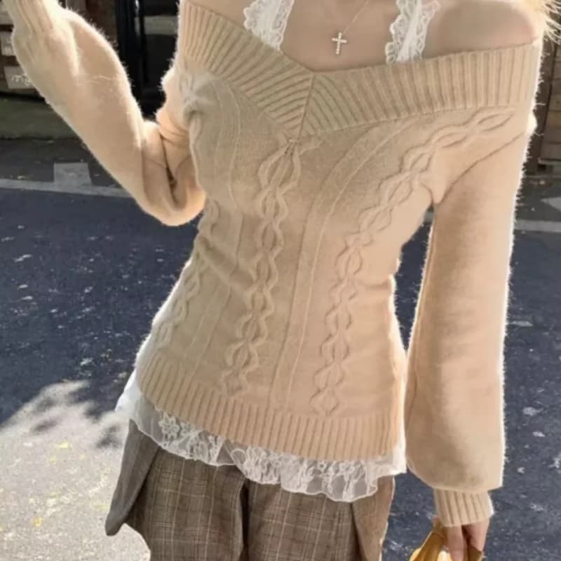 Fashion Vintage V-neck Knitted Tops Women Early Autumn New Sweaters Pullover Slim Long Sleeve Pullovers Sexy Hotsweet Sweaters