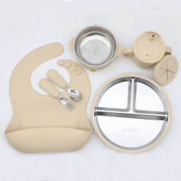 Silicone Stainless Steel Tableware 7-Piece Set, Bib, Plate, Bowl, Stainless Steel Spoon, Fork, Multifunctional Water Cup Set