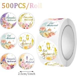 100-500Pcs 1' Eid Mubarak Ramadan Kareem Stickers Roll, 6 Patterns Round Happy EID Gift Tag Wrapping Paper Self-Adhesive Sticker