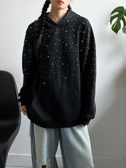 [EAM] Black Rhinestones Shining Thick Sweatshirt New Hooded Long Sleeve Women Big Size Fashion Tide Spring Autumn 2026 1DJ0096
