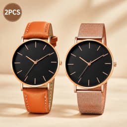 Luxury Simple Couple Watches Set 2Pcs Thin Round Dial Mesh Strap & Leather Band Quartz Wristwatches For Men Women Couple Gift
