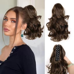 Ponytail Extensions,10 inch Short Claw Clip on Ponytail Extensions Chocolate Brown Synthetic Curly Wavy Pony Tails Hairpieces