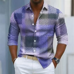 Men's retro plaid print long-sleeved shirt, button-down front for everyday wear, relaxed fit, business casual top.