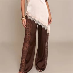 hirigin Women's Satin Wide Leg Trousers Lace Patchwork High Waisted Drawstring Lounge Pants Elegant Loose Fit Bottoms