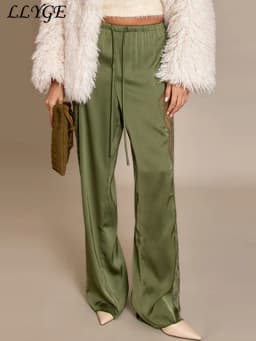 Casual Lace Satin Patchwork Pants Women See Through High Waist Lace Up Straight Trousers 2026 Spring Lady Solid Chic Trouser