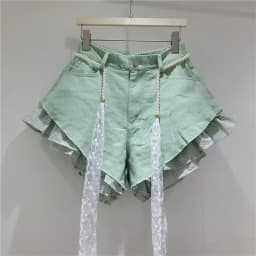 2026 Summer New Candy-colored Denim Plaid Shorts for Women High-waisted Loose Design with A Belt Booty Shorts