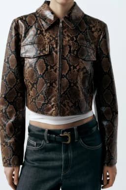 Elegant Brown Animal Print Leather Jacket Spring 2024 Fashion Short Outerwear Zipper Closure Long Sleeve Polyester Fiber
