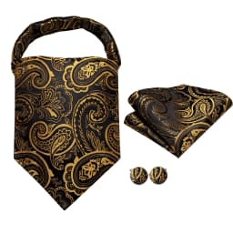 Hi-Tie Silk Mens Ascots Hanky Cufflinks Set Jacquard Paisley Floral Cravat Tie Self Vintage Ascot Black Gray Red Gold Pink Blue