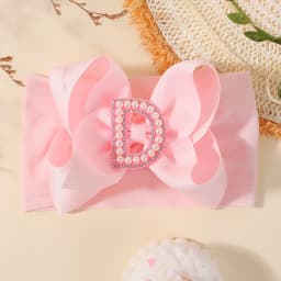 26 Letters Pink Big Bows Pearl Headbands for Baby Girls 5.98'' Wide Nylon Knotted Soft Elastic Hair Bands Wraps Headwear 1PCS