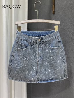 Personality Diamond Splice A-line Denim Skirt for Women's Streetwear High Waist Solid Color Slim Wrap Hip Skirts Female Summer