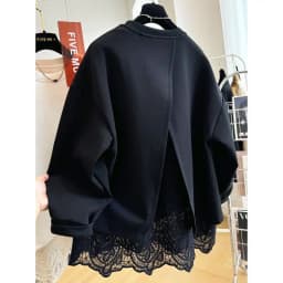 New Style Lace Splicing Fake Two-piece Pullover O Neck Sweatshirt For Women Spring Autumn Loose Top Fashion Casual Solid Hoodie