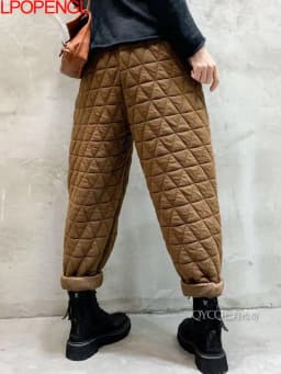 New Warm Harem Pants Casual Mom Plaid Trousers Snow Wear Cotton Thick Baggy Pant Elastic High Waist Sweatpants 2022 Winter