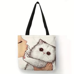 Cute Cartoon Cat Print Tote Bag, Large Capacity Shoulder Bag, Women's Casual Handbag For Work School Shopping