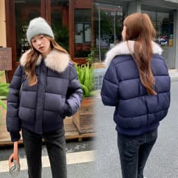 Korean Version Fashion Gray Long-sleeved Short Down Cotton Clothes Women's Winter New Removable Fur Collar Splicing Warm Jacket