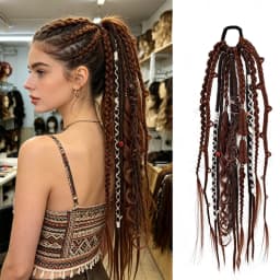 24 Inch Synthetic Boho Dread Ponytail Clip In Viking Braid With Shell Charm Beads Hair Extensions For Women