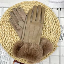 Women Winter Warm PU Leather Suede Splicing Plus Velvet Thicken Gloves Fashion Elegant Cycling Drive Touch Screen Plush Wrist