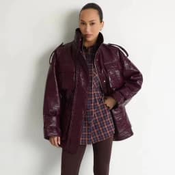 Women's Burgundy Faux Leather Jacket Zip Up High Neck Drawstring Waist Winter Warm Elegant Luxe Chic Outerwear