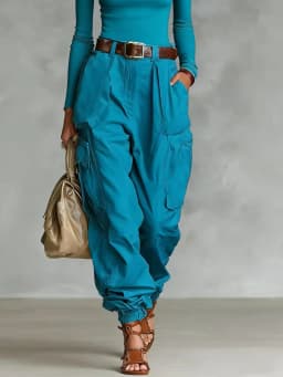 Vintage Casual Loose Multi Pocket Work Pants Vacation Solid Color Sports Pants Women Temperament with Ankle Cuffs Sweatshirt