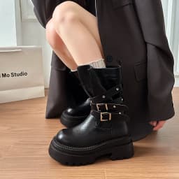Lined Warm Women Platform Mid Calf Boots Multi Buckle Strap Faux Leather Shoes Casual Autumn Thick Sole Motorcycle Boots