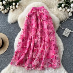 Autumn Winter Flower Embroidery Sequin Mesh Midi Skirts Women 2026 Korean Style Fashion Elegant High Waist Faldas